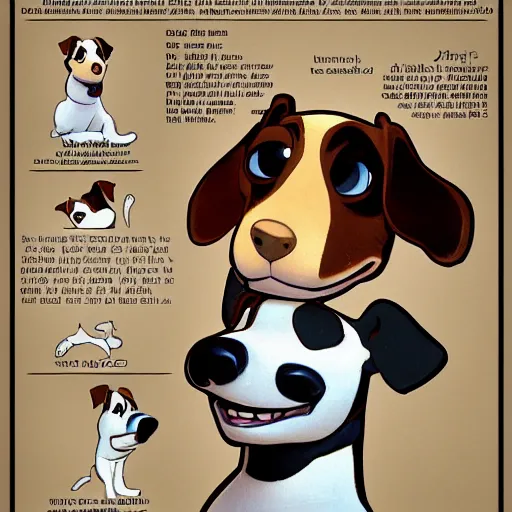 Image similar to jack russel terrier character surprised, pixar, disney, concept art, character sheet, trending on artstation, graphic novel, childrens illustrated storybook, by alphonse mucha and cory loftis and matthias lechner