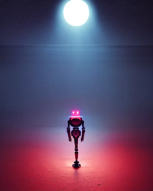 Image similar to a robot standing in front of a glowy open door that's on a barren moon, poster art by mike winkelmann, trending on cg society, space art, sci - fi, ue 5, futuristic, volumetric lighting, light casting onto the ground, neat composition and camera angle