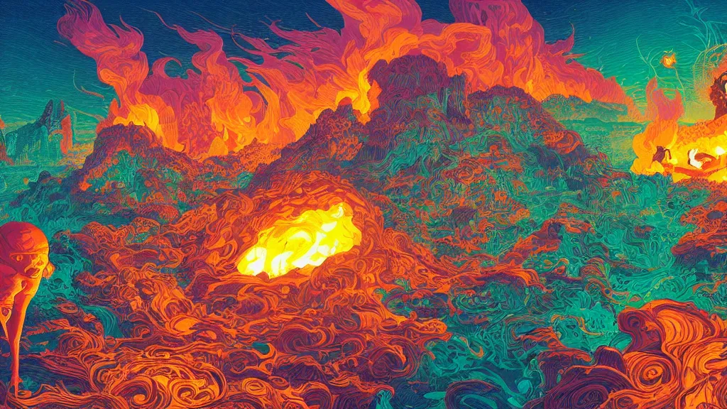 Prompt: highly detailed illustration of an amazing colorful fire in the middle of the night by kilian eng, moebius, nico delort, oliver vernon, joseph moncada, damon soule, manabu ikeda, kyle hotz, dan mumford, otomo, 4 k resolution