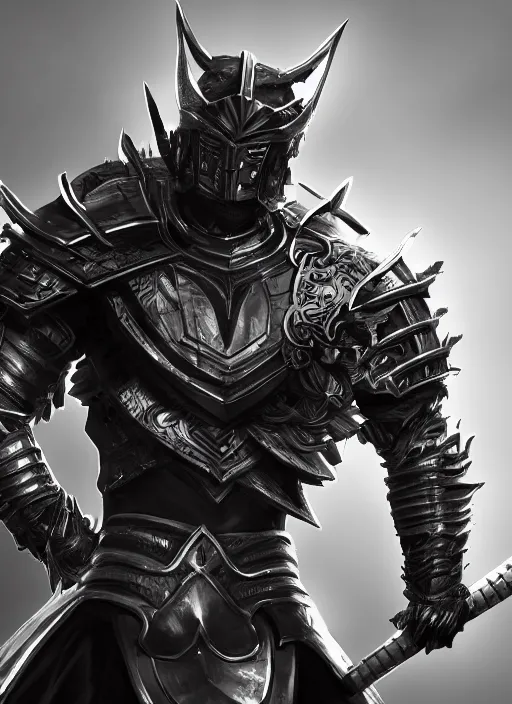 Prompt: An epic fantasy comic book style portrait painting of A black man wearing a silver samurai armor made of blades, Unreal 5, DAZ, hyperrealistic, octane render, cosplay, RPG portrait, dynamic lighting