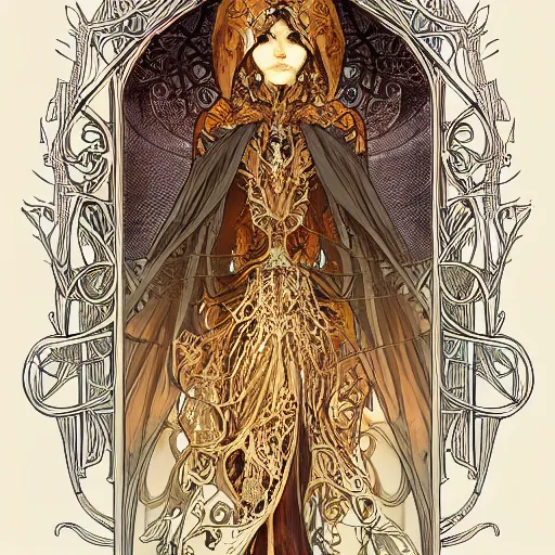 Image similar to a skeleton in a cloak, highly detailed, very intricate, art nouveau, gold filigree, tarot concept art watercolor illustration by mandy jurgens and alphonse mucha and alena aenami, featured on artstation