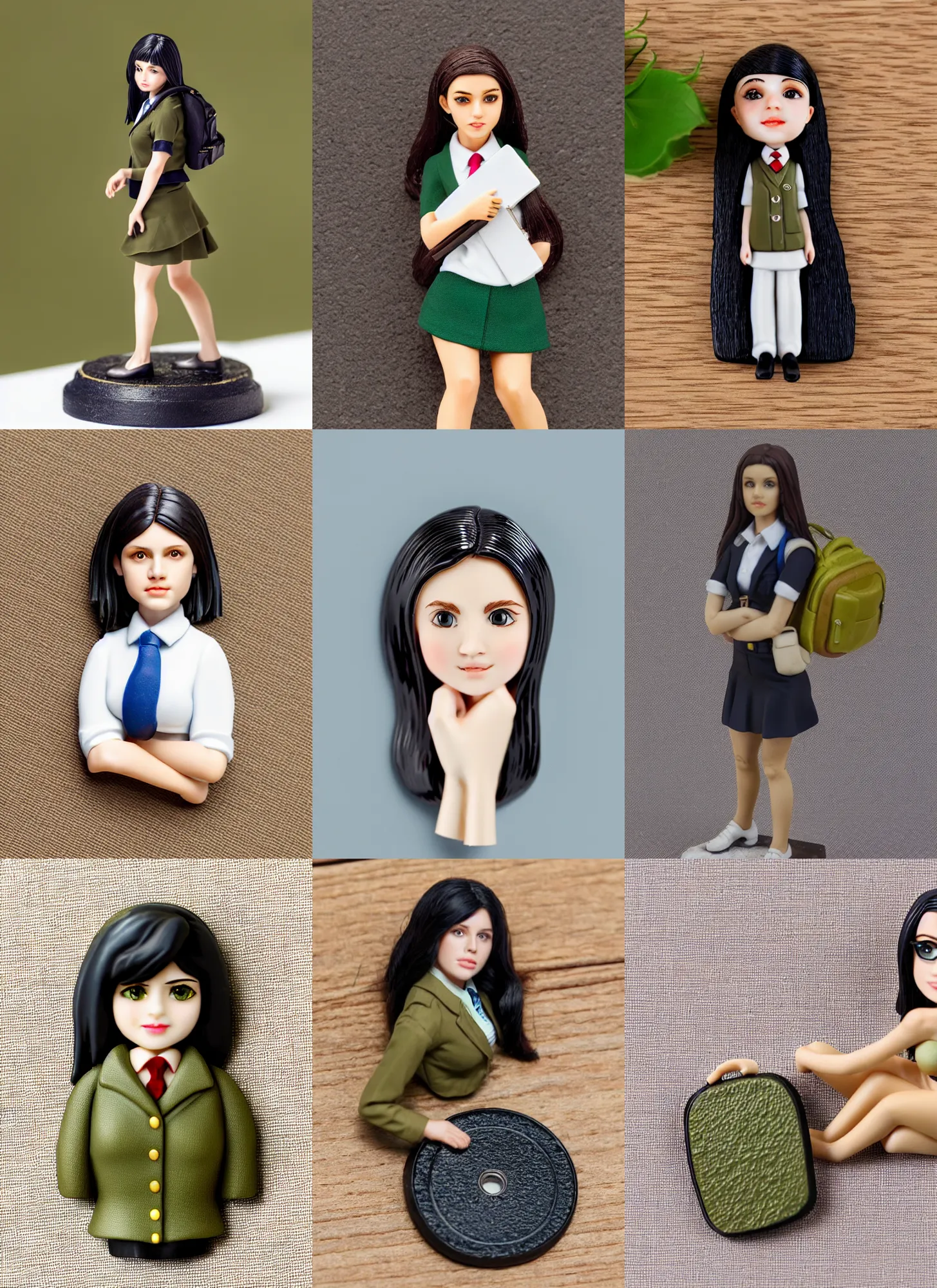 Prompt: Text on top left corner, 80mm resin detailed miniature of a female, olive skin, school uniform, long black hair, school bag, on textured disc base; Miniature product Photo, 4K, Full body