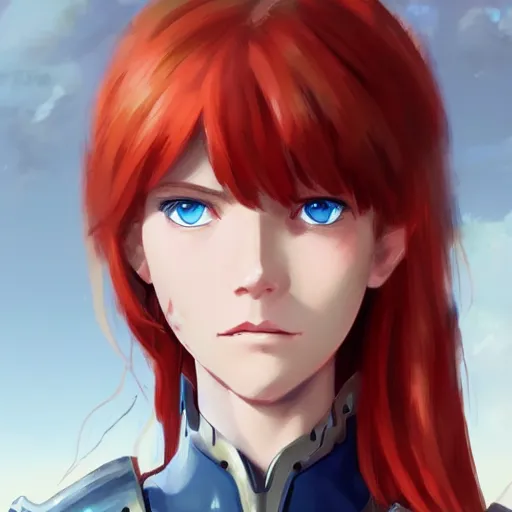 Image similar to portrait of a young redheaded woman with blue eyes and wearing a armor, medieval background, highly detailed, digital painting, artstation, matte, by makoto shinkai, animation style, studio ghibli, anime key visual