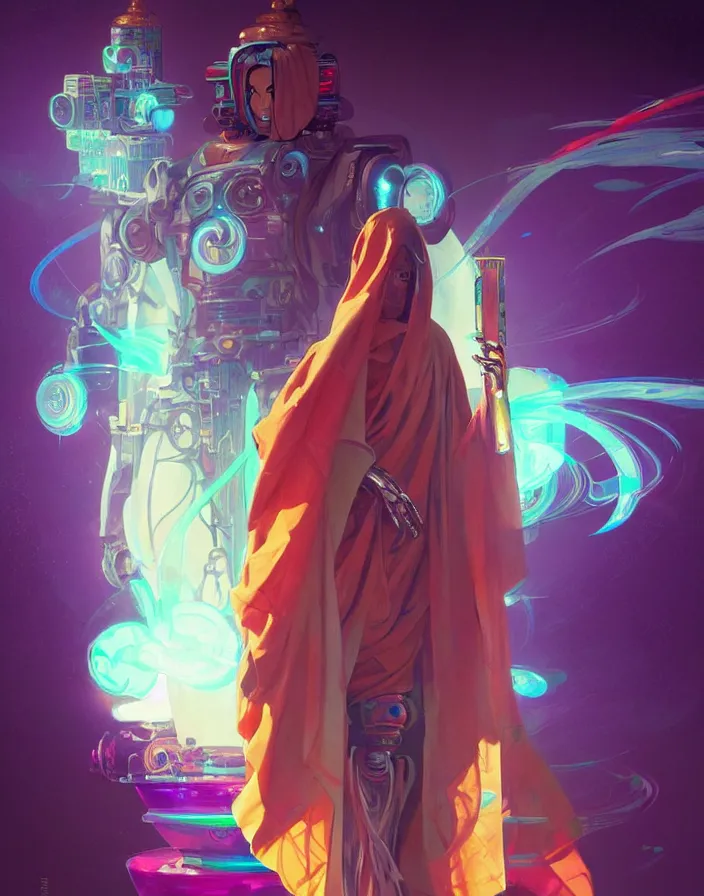 Image similar to a robot monk wearing a flowing cloak, vaporwave aesthetic, colorful, psychedelic, digital painting, artstation, concept art, smooth, sharp focus, illustration, art by artgerm and greg rutkowski and alphonse mucha