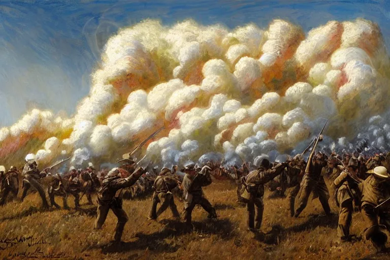 Prompt: american civil war trench battle in the style of jules breton, huge explosions everywhere, clouds of smoke