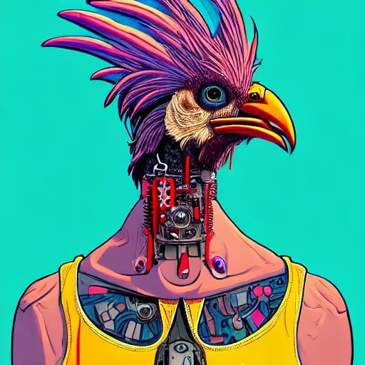 Image similar to portrait painting of a punk chicken - headed cyborg, sharp focus, award - winning, trending on artstation, masterpiece, highly detailed, intricate. art by josan gonzales and moebius and deathburger