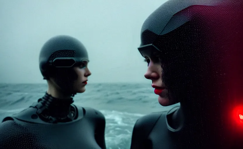 Image similar to cinestill 5 0 d candid photographic portrait by christopher nolan of two loving female androids wearing rugged black mesh techwear in treacherous waters, extreme closeup, modern cyberpunk moody emotional cinematic, pouring rain menacing red spotlight, 8 k, hd, high resolution, 3 5 mm, f / 3 2, ultra realistic faces, ex machina