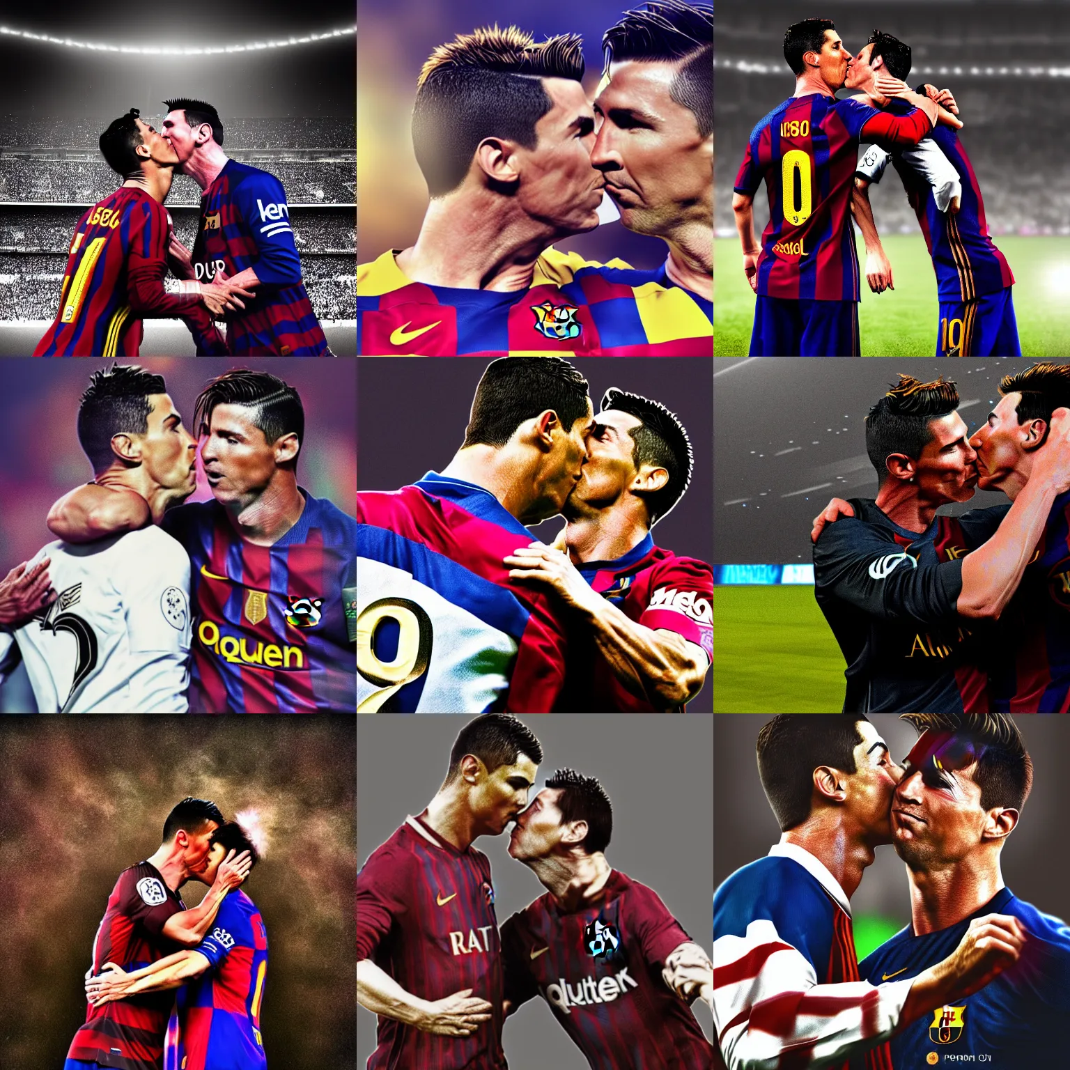 Prompt: Cristiano Ronaldo kissing lionel messi, hdri, photo of the year, trending on pixiv