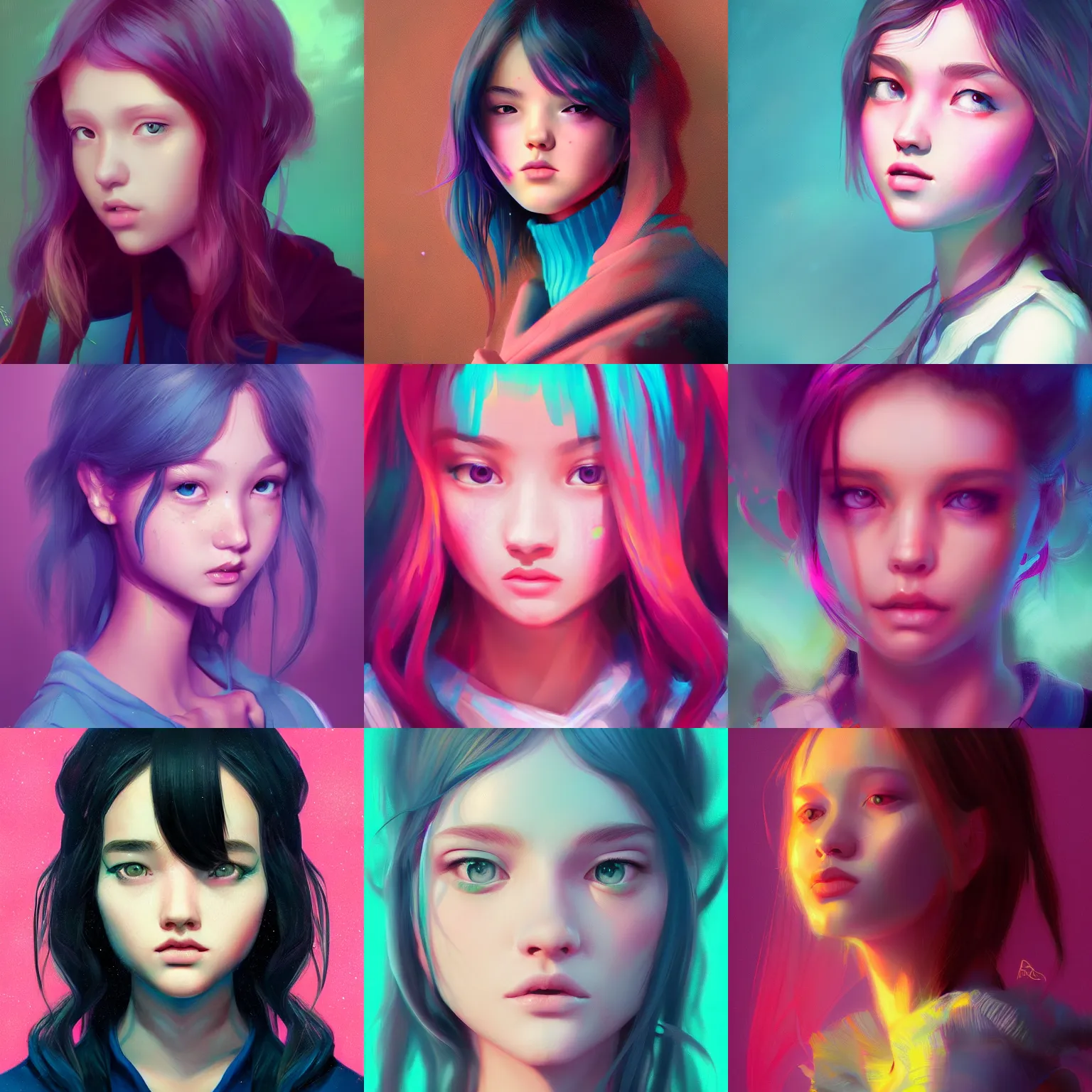 Prompt: portrait of teen girl, art by Ross tran, vivid color palette, digital painting, 3D, octane render, post process in Photoshop, colour correction