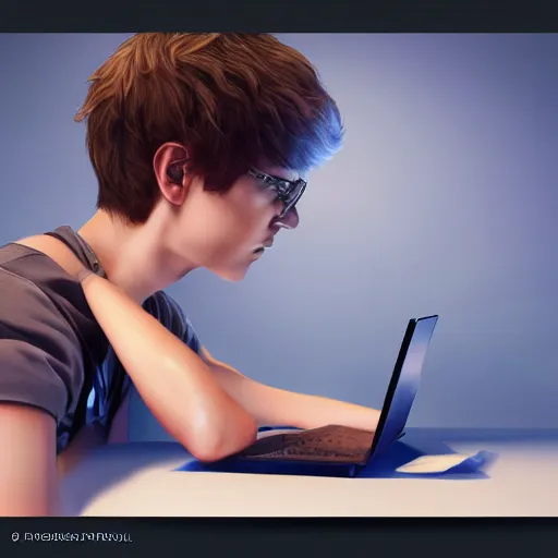 Image similar to realistic teenager using laptop in super tech room, artstation trends, concept art, highly detailed, intricate, sharp focus, digital art, 8 k