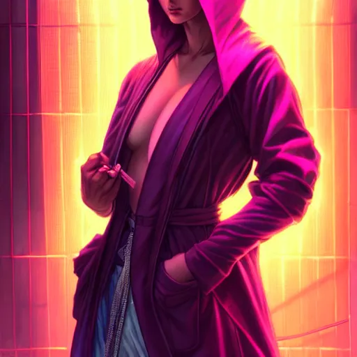 Image similar to a robed cyberpunk girl, neon lit back alley scene, sci - fi character portrait, ultra realistic, intricate, elegant, highly detailed, digital painting, artstaion, smooth, sharp, focus, illustration, art by artgerm and greg rutkowski and alphonse mucha