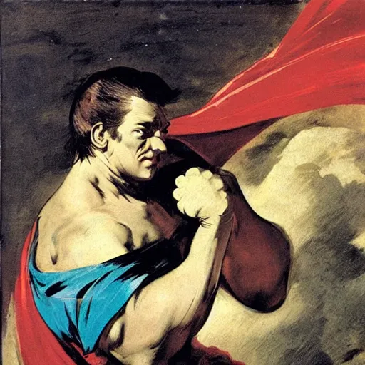 Image similar to inspiring superhero. tough guy big fist. cool colorscheme illustrated by goya goya,,,,,,, by artemisia gentileschi, by theodore gericault,