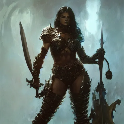 Image similar to A full portrait of a beautiful armored berserker woman, with an oversize Gothic sword, by Frank Frazetta, Greg Rutkowski, Boris Vallejo, epic fantasy art, Exquisite detail, post-processing, masterpiece, cinematic