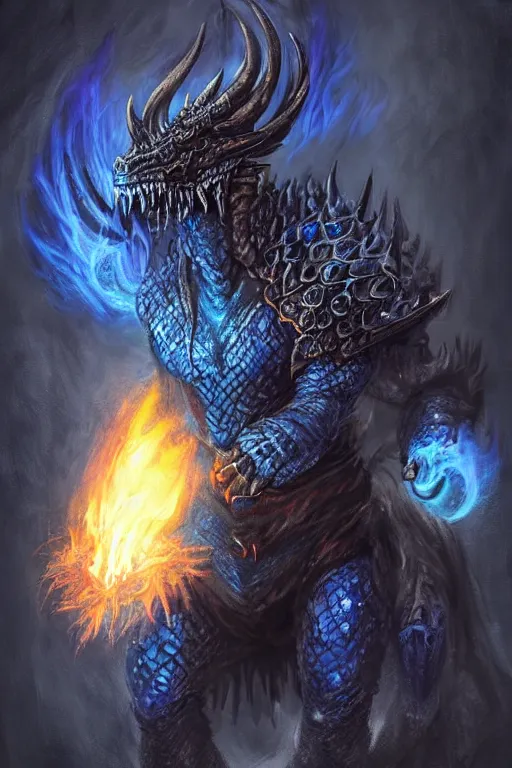 Image similar to a dark blue dragonborn with large tusks, half of his face flaming with blue flame, he wears a black dragon scales armor, D&D art