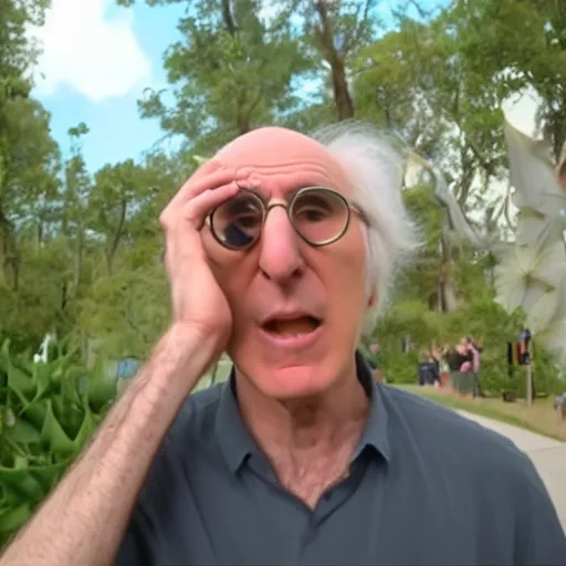Prompt: Larry David freaking out during a datura trip, 1080p video screenshot