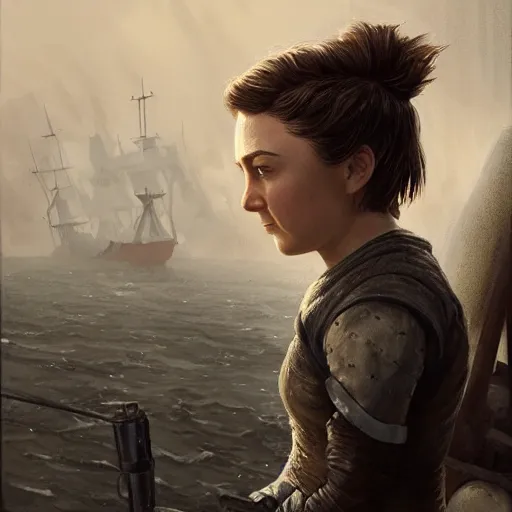 Prompt: arya stark as a beautiful muscular female gnome mechanic, short black pixie undercut hair, standing on ship deck, naval background, intricate, D&D, highly detailed, full body portrait, wide angle, digital painting, artstation, smooth, sharp focus, great composition, illustration, art by Greg Rutkowski, trending on artstation