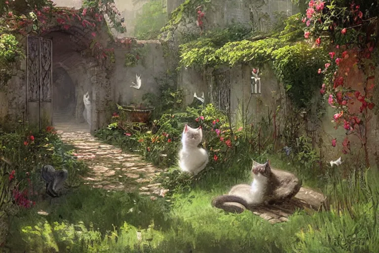 Image similar to The Secret Garden of cats, painting in the style by Greg Rutkowski