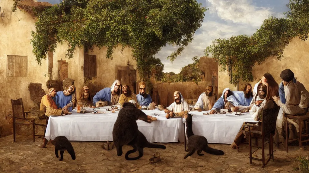 Prompt: the scene of the last supper, man dressed in suits, with cat heads, under the porch of a typical portuguese house, with typical alentejo landscape in the back, sunny morning, matte painting, oil canvas, photorealistic illustration, extreme detail, hyper realistic, highly detailed, digital art