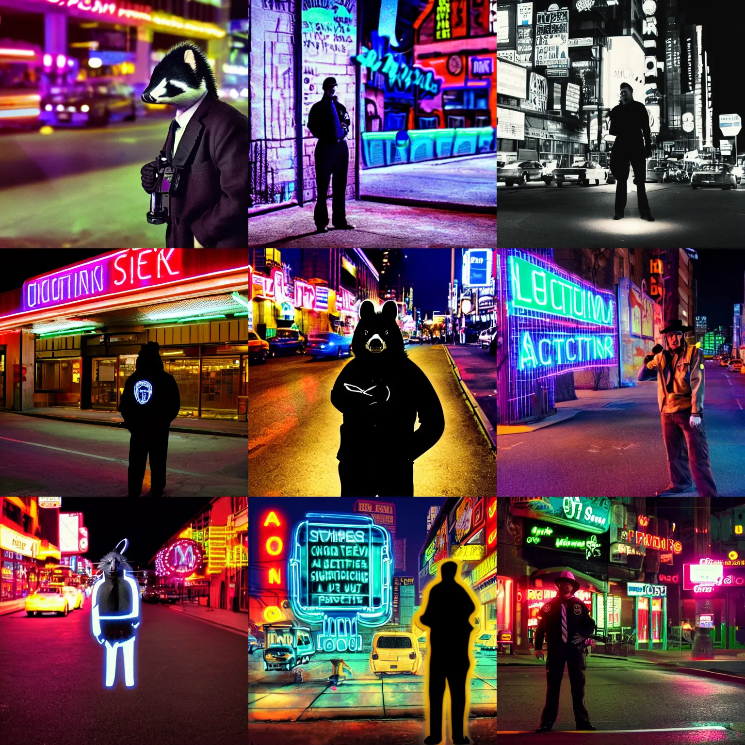Prompt: a photograph of a skunk detective standing outside a city with neon lights