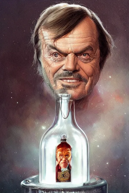 Prompt: a ship in a bottle but instead of a ship it is jack nicholson in the bottle, the shining, masterpiece painting by artgerm, greg rutkowski, tom bagshaw