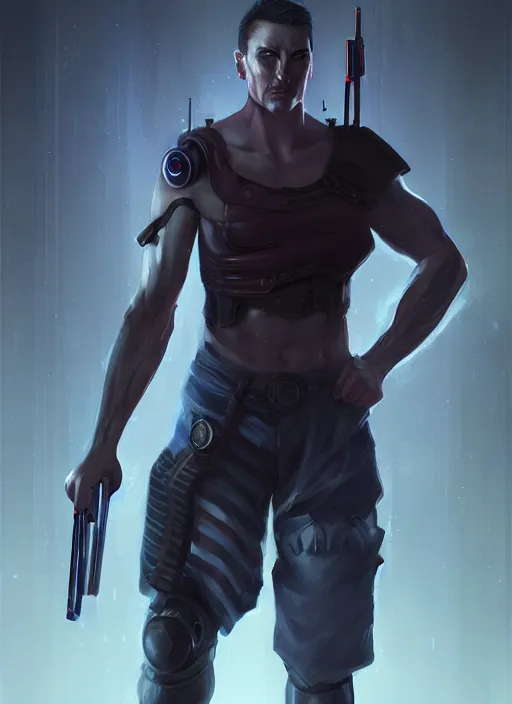 Image similar to « a full length portrait of a muscular cyberpunk male warrior, hitler, glowing eyes, a digital painting by charlie bowater, featured on cgsociety, fantasy art, behance hd, wiccan, artstation hd »