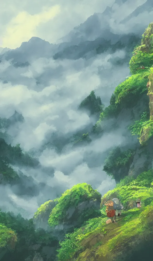 Image similar to magical landscape, mountains, misty, in the style of studio ghibli, high detail