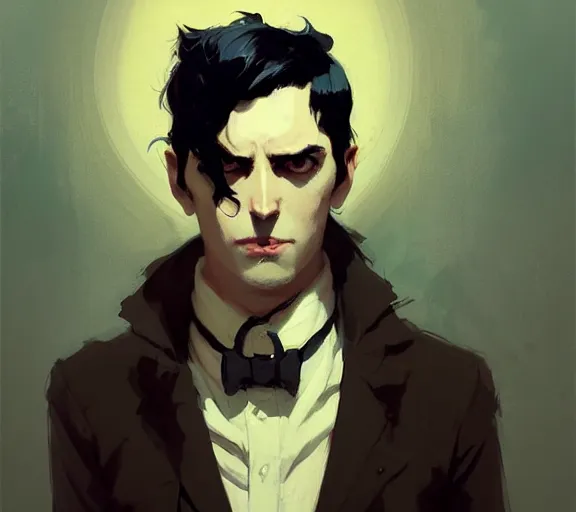 Image similar to portrait victorian man with black hair and yellow eyes, by atey ghailan, by greg rutkowski, by greg tocchini, by james gilleard, by joe fenton, by kaethe butcher, by ashley wood, dynamic lighting, gradient light blue, brown, blonde cream and white color scheme, grunge aesthetic