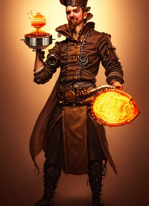 Image similar to detailed portrait of a steampunk chef character posing battle stance holding a giant glowing runeforged kitchen knife, diffuse lighting, scifi fantasy, intricate, highly detailed, lifelike, photorealistic, digital painting, artstation, illustration, concept art, smooth, sharp focus, art by john collier and albert aublet and krenz cushart