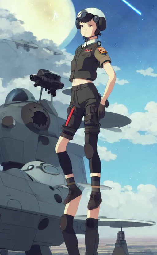 Image similar to a cute pilot girl with piston engines around legs, dogfighting a ufo with lasers, black sky background, battlefield landscape, illustration concept art anime key visual trending pixiv fanbox by wlop and greg rutkowski and makoto shinkai and studio ghibli and kyoto animation, soldier clothing