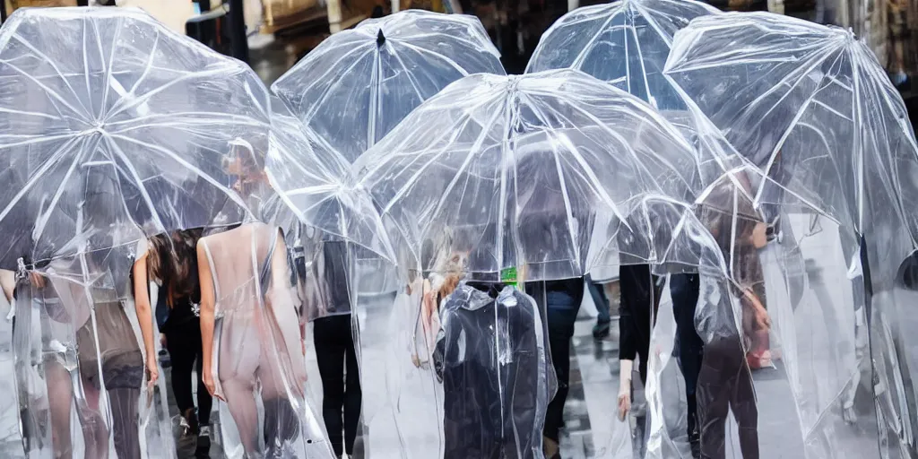 Image similar to catwalk fashion in transparent raincoats holding transparent umbrellas