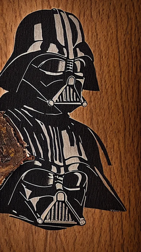 Image similar to a portrait of darth vader, in an action pose, burned into a slice of a log. in the style of a wood burned etching. color harmony, 8 k detail, gallery quality, hd wallpaper, premium prints available, hyper - detailed, intricate design.