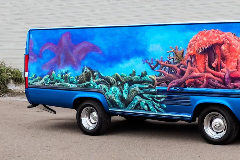 Image similar to a super wide shot photo of a dark blue metallic 1 9 7 2 chevy g 1 0 panel van parked in a garage with an awesome airbrushed scene of a monster made of colorful coral reef emerging from the sea, 8 0 s synthwave, airbrushed, trapper keeper, lightning, explosions, creature design, monster, dinosaur, sony 1 4 mm f 8. 0