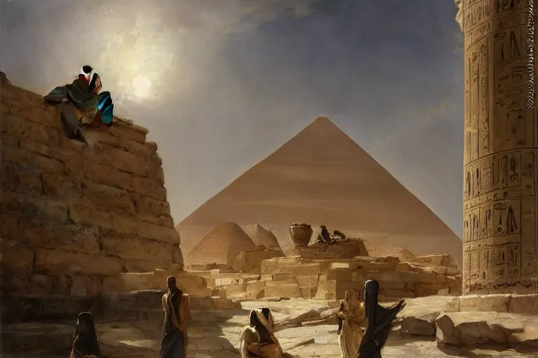 Prompt: beautiful landscape of ancient cairo egypt giant satue of anubis in the forground pyramids in the background, art by anders zorn, wonderful masterpiece by greg rutkowski, beautiful cinematic light, american romanticism thomas lawrence, greg rutkowski