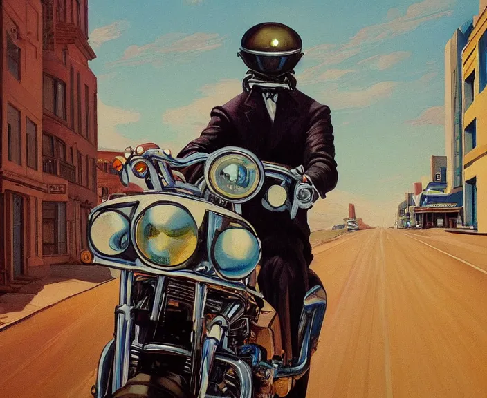 Image similar to a very detailed painting of a alien wearing a suit, riding a motorbike down a street, harley davidson motorbike, worm's - eye view, very fine brush strokes, very aesthetic, very futuristic, in the style of edward hopper and grant wood and syd mead, 4 k,