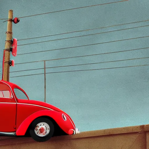 Image similar to red beetle car on top of a tall pole, digital art, photorealistic