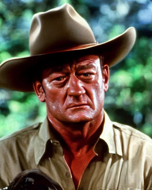 Prompt: john wayne as alan grant in jurassic park (1993), movie still