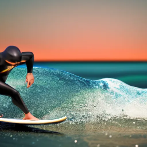 Image similar to surfing action shot, 8k, RED camera, cinematic, hyper realism, octane render, 8k, depth of field, bokeh