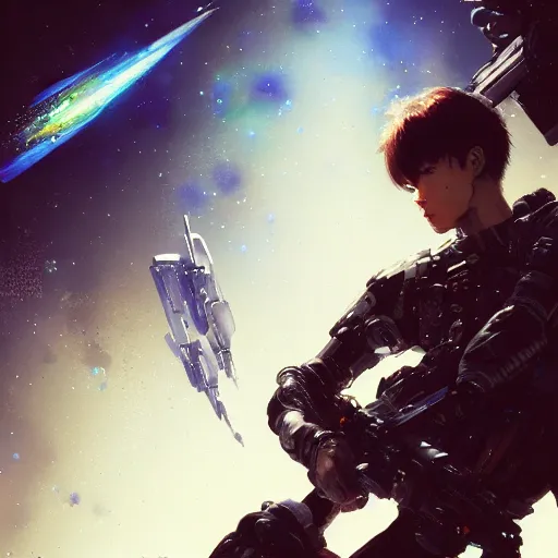 Image similar to award winning, extremely photorealistic, bokeh, beautiful detail, stars in the sky, cybernetic, sci-fi space game art, jeon Jungkook holding a gun. alien planet art by Akihito Yoshitomi AND Yoji Shinkawa AND Greg Rutkowski, Mark Arian trending on artstation