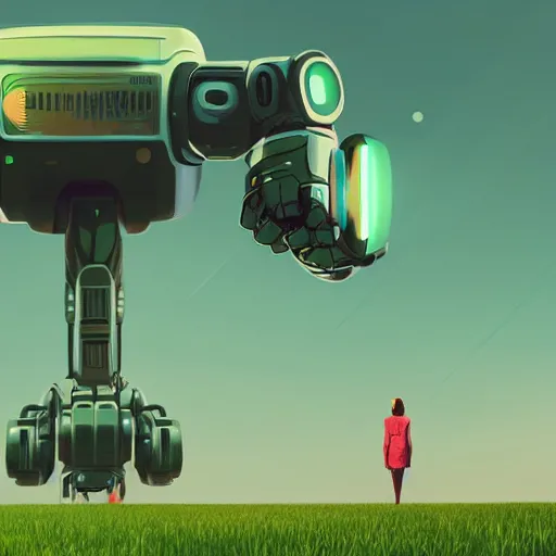 Prompt: a woman walking across a lush green field, a huge robot head in front of her, cyberpunk art by by james gilleard, cgsociety, retrofuturism, synthwave, retrowave, outrun