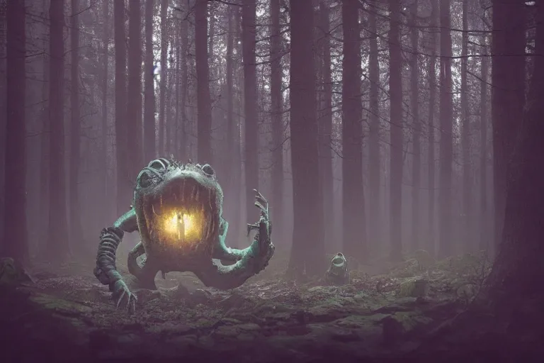 Prompt: creepy eldritch monster in a swedish forest, very low angle photograph, very detailed, trending on artstation, realistic, soft colors, simon stålenhag, lovecraft, horror