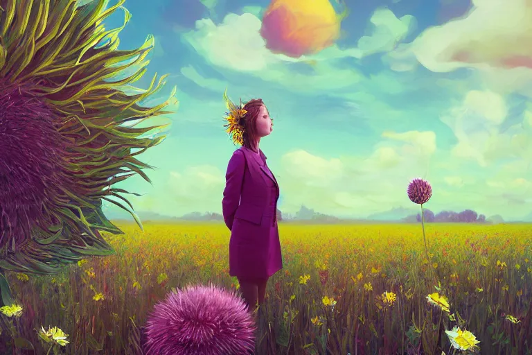 Prompt: giant thistle flower head, girl in suit in field of flowers, surreal photography, sunrise, blue sky, dramatic light, impressionist painting, digital painting, artstation, simon stalenhag