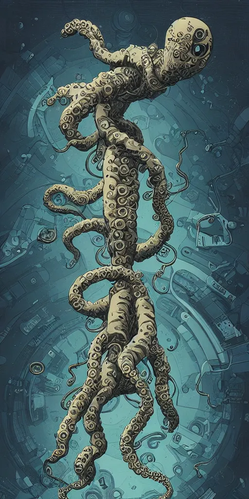 Image similar to eldritch astronaut with tentacle arms, style of james jean and laurie greasley and greg rutkowski, dynamic composition, dramatic lighting, hyper - realistic, ultra detailed, 8 k