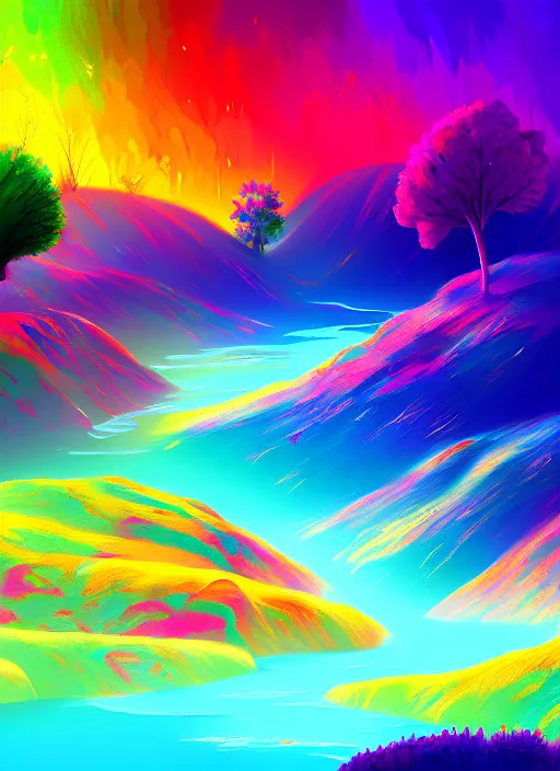 Image similar to painting of a colorful landscape, in a fantasy world, digital painting, hd, illustration, art by tokenin, trending