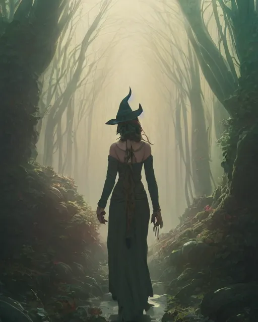 Image similar to highly detailed vfx portrait of a witch, unreal engine, greg rutkowski, loish, rhads, beeple, makoto shinkai and lois van baarle, ilya kuvshinov, rossdraws, tom bagshaw, alphonse mucha, global illumination, detailed and intricate environment