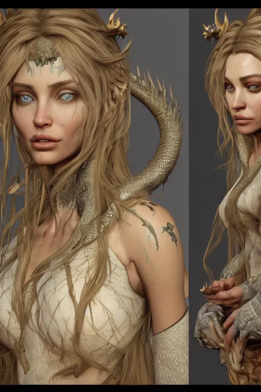 Image similar to highly detailed 8 k render of a beautiful half - dragon, half - anelina jolie creature in style of greg rutkowski and alphonse mucha trending on artstation made in unreal engine 4