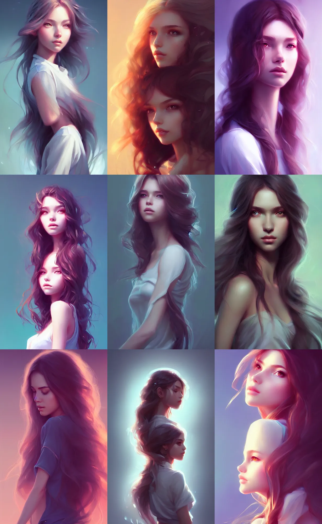 Prompt: portrait of a beautiful girl, flowy hair, full body, modern clothes, cinematic lighting, highly detailed, digital painting, trending on artstation, pixiv, concept art, sharp focus, illustration, art by ross tran and wlop