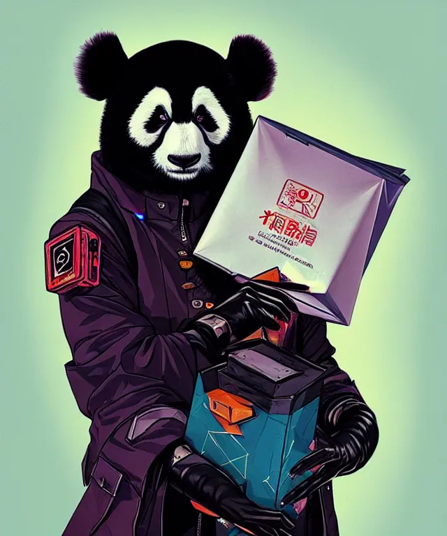 Image similar to a portrait of a cyberpunk panda holding a chinese takeout box, fantasy, elegant, digital painting, artstation, concept art, matte, sharp focus, illustration, art by josan gonzalez