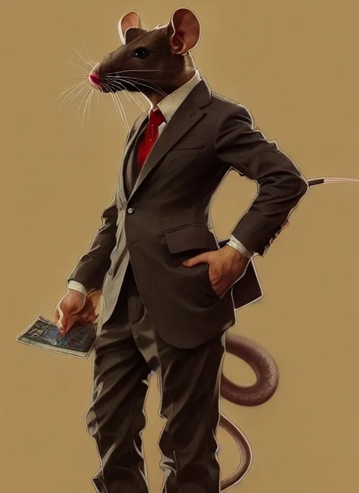 Image similar to a rat in corporate clothes!!!, antropomorph!!, portrait, intricate, elegant, highly detailed, digital painting, artstation, concept art, wallpaper, smooth, sharp focus, illustration, art by artgerm and greg rutkowski and alphonse mucha