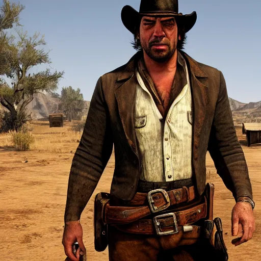 Prompt: javier bardem stars as dutch van der linde in the playstation 4 video game red dead redemption, high quality detailed screenshot