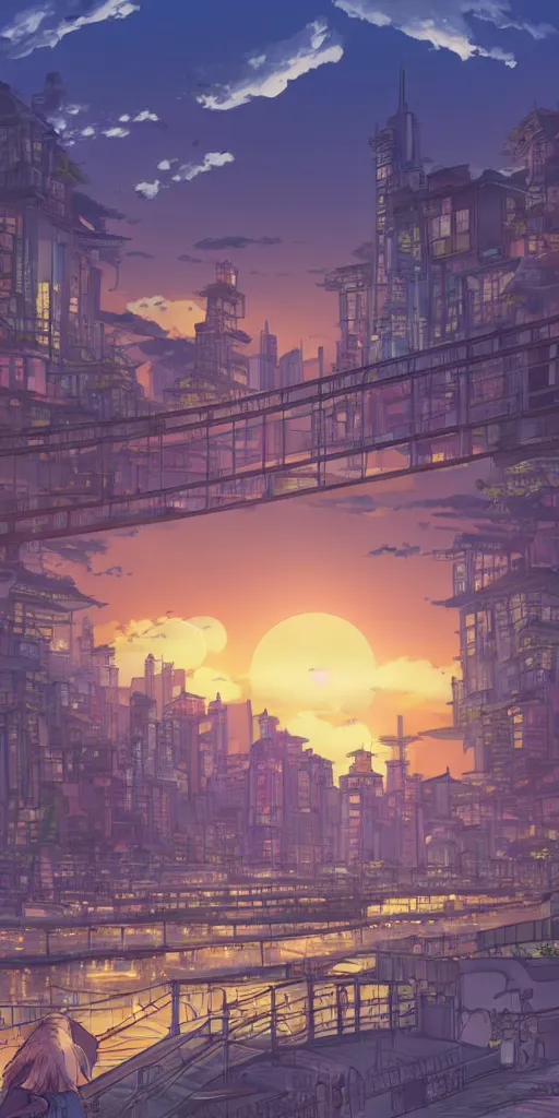 Image similar to a serene digital art of sunset, a metropolis beside the river, by studio ghibli and hayao miyazaki, highly - detailed, anime, unreal engine, deviantart